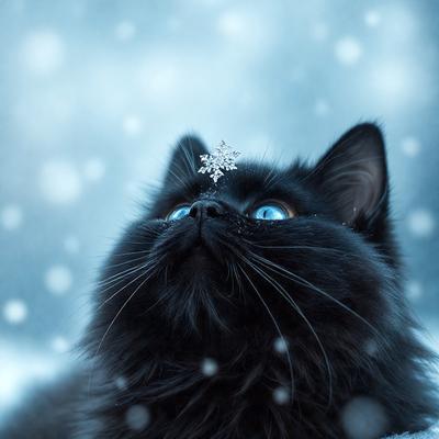 The primary subject of the image is a black cat with a white snowflake on its forehead. The cat is looking up, possibly at the camera or the sky. The setting is a snowy environment, with the cat standing on a snow-covered surface. The visual style of the image is a photo, capturing the cat's unique appearance and the wintery atmosphere. The dominant colors in the image are black and white, with the white snowflake on the cat's forehead adding a touch of bright